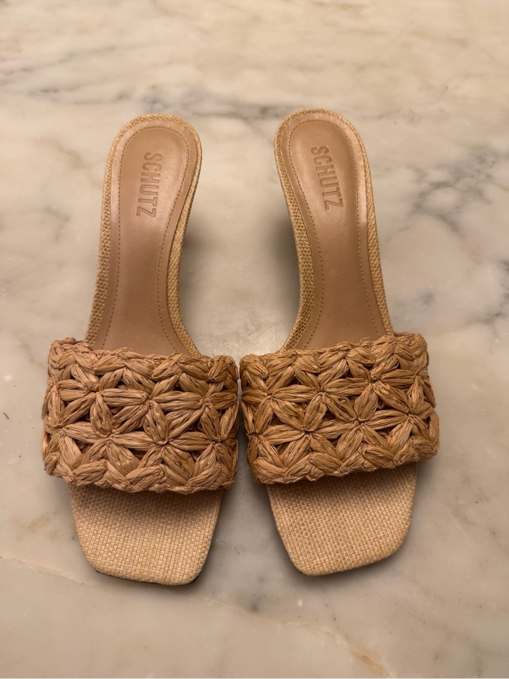 SCHUTZ Braided Raffia Slide Sandals in Tan